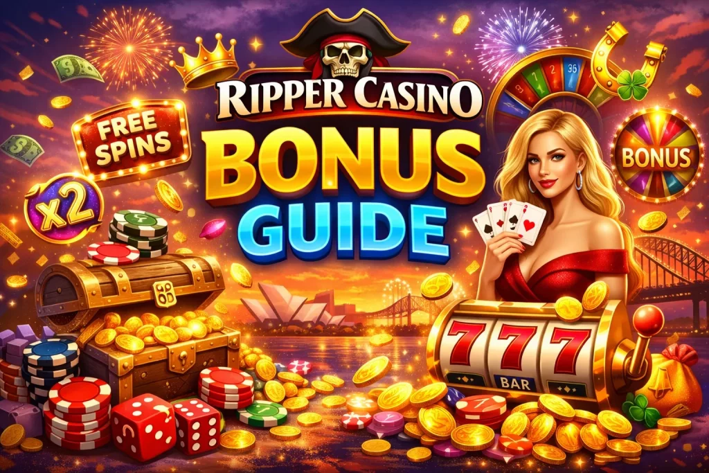 Ripper Casino Bonus Guide banner with free spins, 777 slot machine, coins, poker chips and Australian skyline background