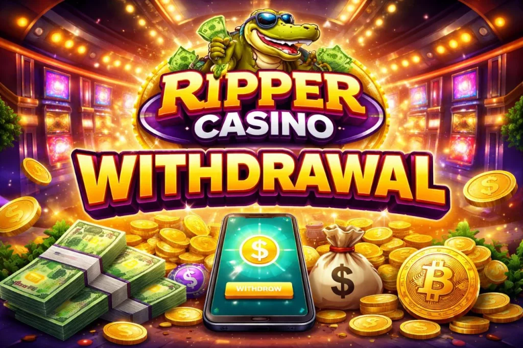 Ripper Casino Withdrawal banner featuring mobile payout app, cash stacks, gold coins, bitcoin symbol and casino slots in a bright Australian-themed gaming environment