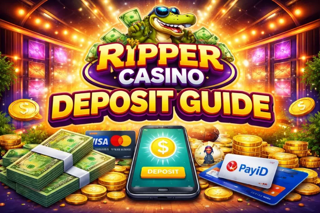 Ripper Casino Deposit Guide banner featuring mobile payment app, PayID, Visa cards, cash stacks, gold coins and casino slots in a bright Australian-themed gaming scene