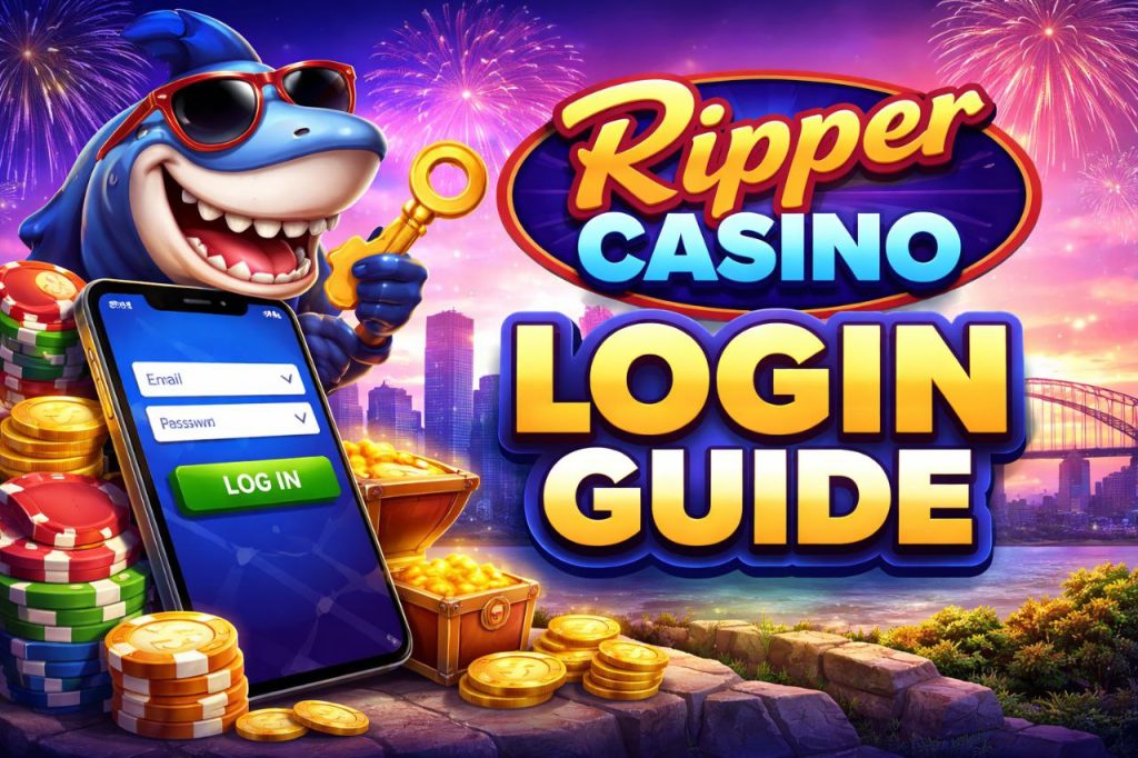 Ripper Casino Login Guide banner with mobile login screen, coins, chips and Australian skyline background