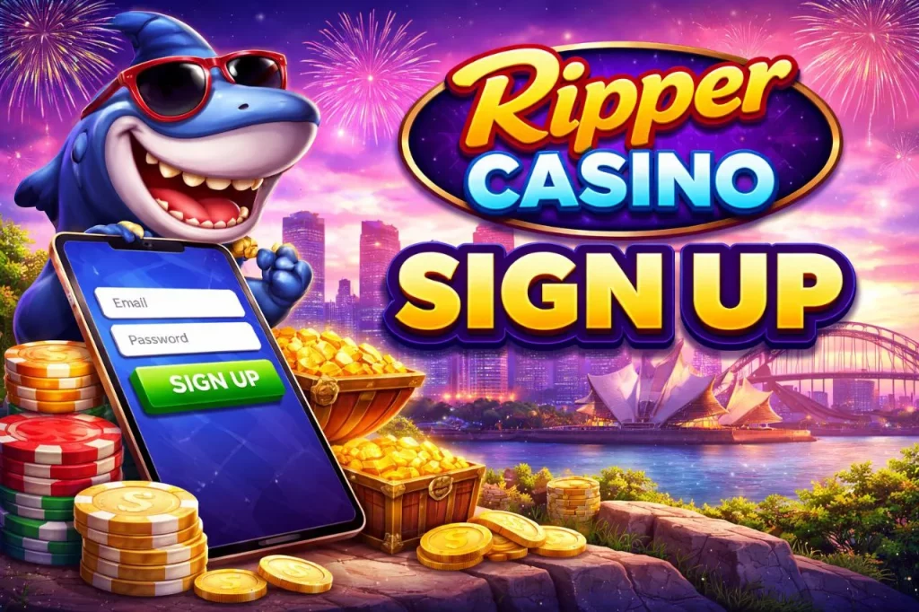 Ripper Casino Sign Up banner with mobile registration screen, coins, chips and Sydney skyline background