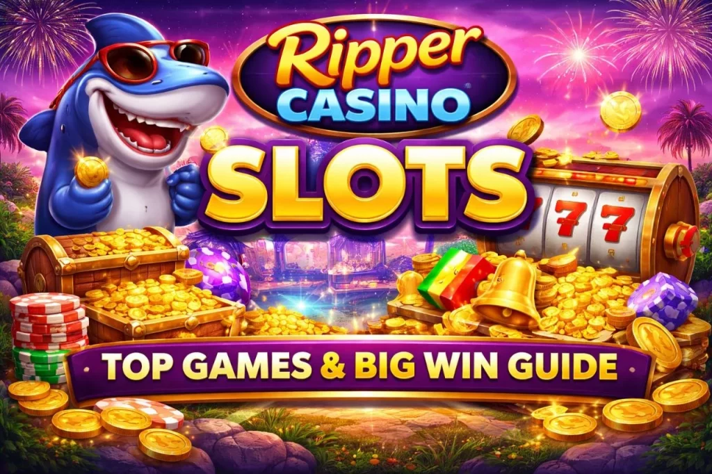 Ripper Casino Slots banner featuring top games, big win guide, slot machine with 777, gold coins, and vibrant casino theme