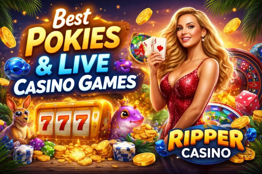 Ripper Casino Games banner with pokies, live casino elements, gold coins and Australian-themed visuals for players