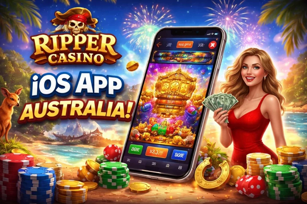 Ripper Casino iOS App Australia banner with mobile casino gameplay, slots on smartphone, Aussie theme, and real money gaming visuals