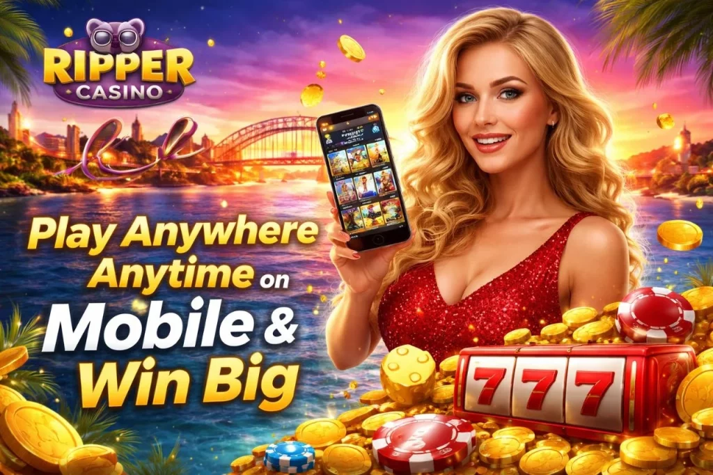 Ripper Casino mobile banner with smartphone gameplay, Australian skyline, casino chips, and “Play Anywhere Anytime on Mobile & Win Big” theme