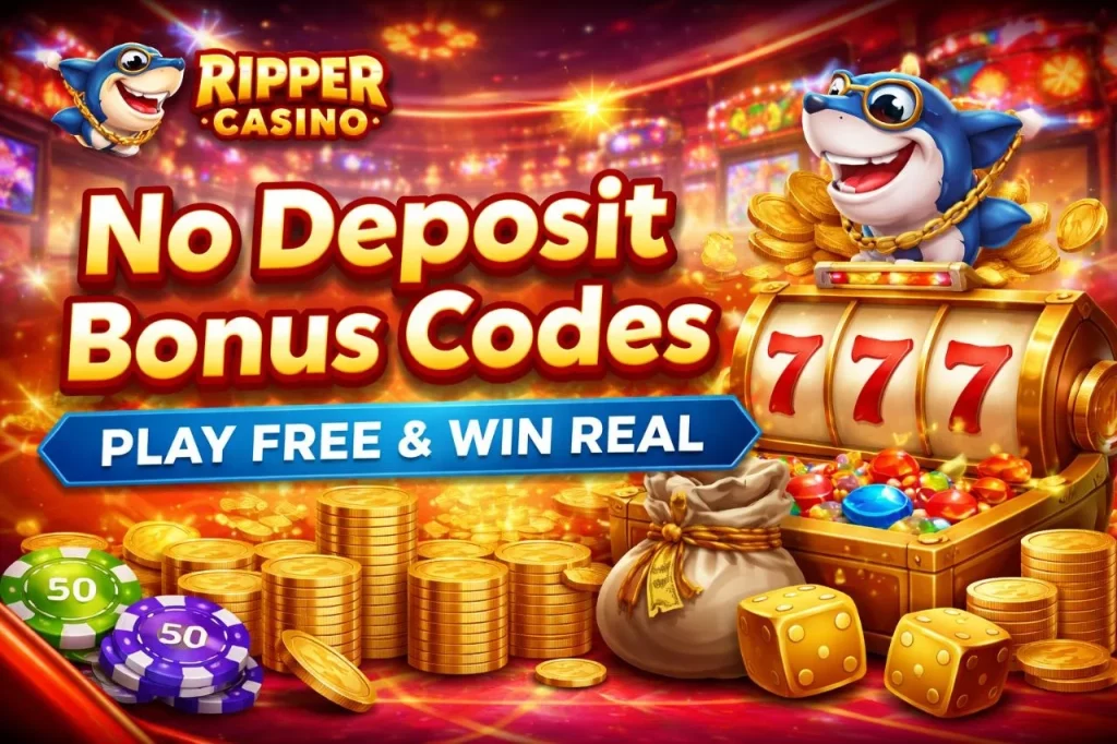 Ripper Casino No Deposit Bonus Codes banner with shark mascot, gold coins, slot machine and bright casino background designed for Australian players