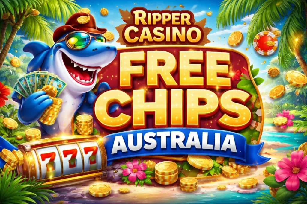 Ripper Casino Free Chips Australia banner with shark mascot, gold coins, slot machine and tropical background promoting free chips offer