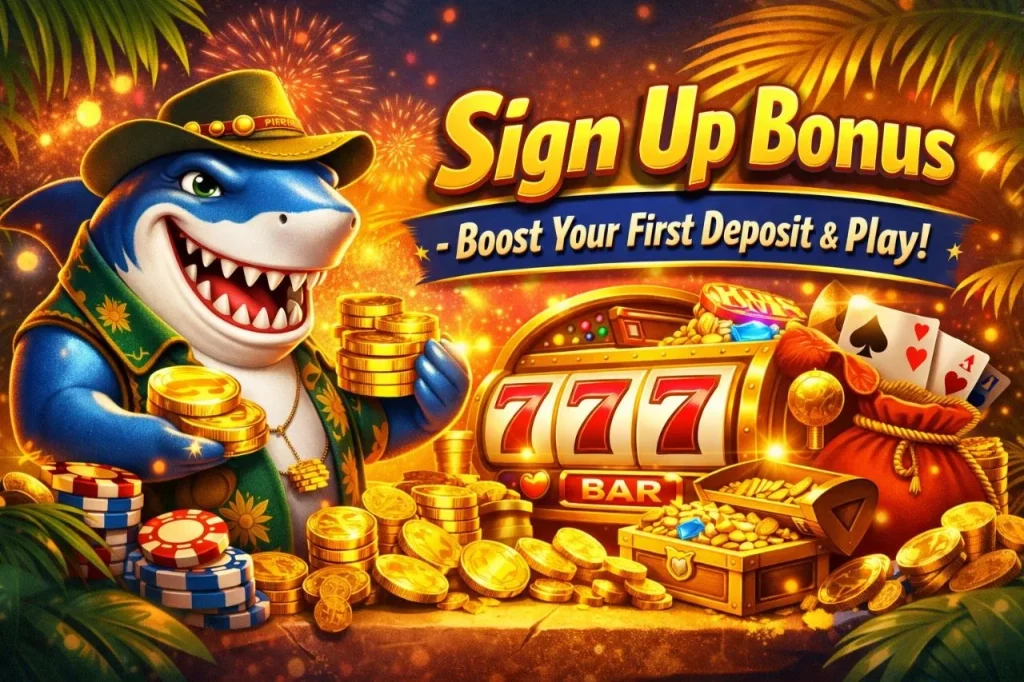 Ripper Casino Sign Up Bonus banner with shark mascot, slot machine, gold coins and tropical casino theme designed for Australian players