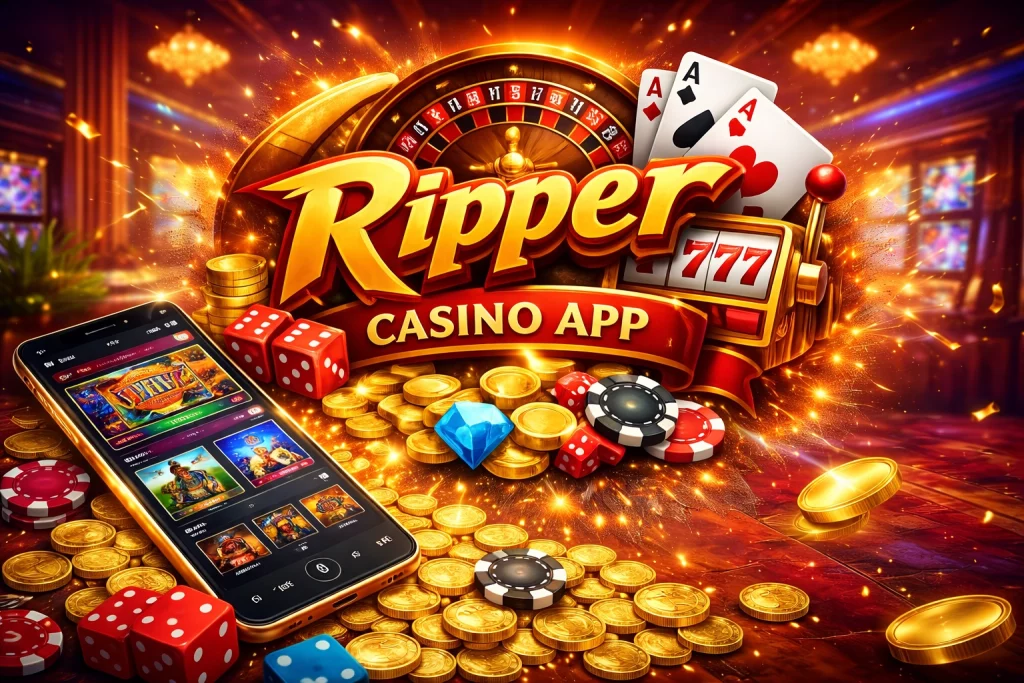Ripper Casino App mobile casino banner with smartphone, slot machine 777, roulette wheel, poker chips and gold coins in glowing casino atmosphere.