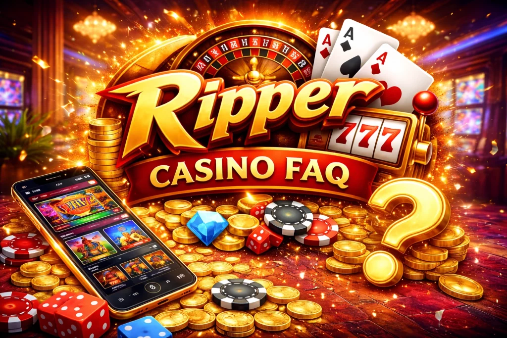 Ripper Casino FAQ banner with smartphone casino app, roulette wheel, slot machine 777, poker chips, coins and glowing question mark in casino atmosphere.
