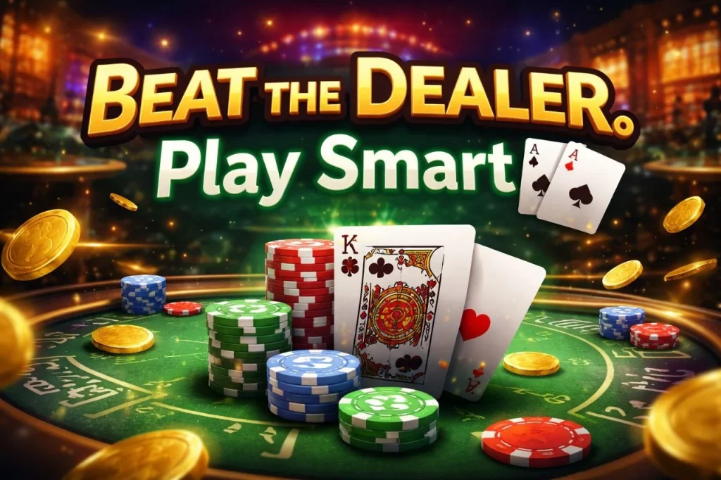 Ripper Casino Blackjack Guide banner with green table, playing cards, chips, and glowing casino lights in a vibrant rectangular design