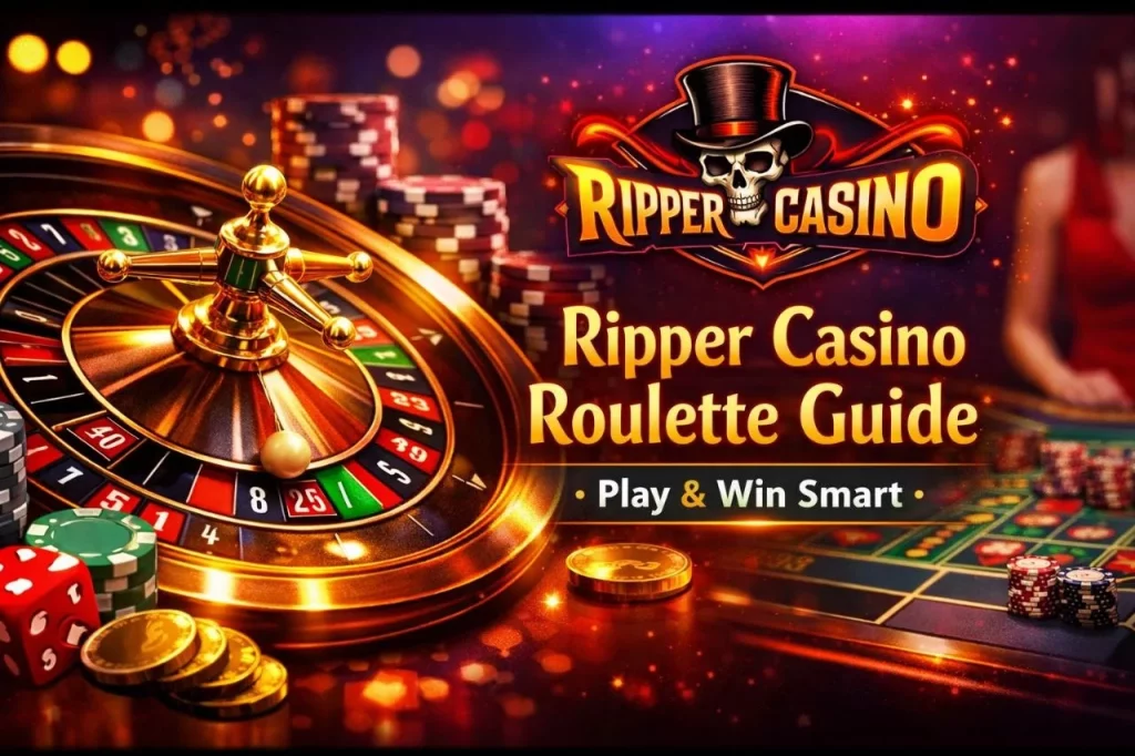 Ripper Casino Roulette Guide banner with glowing roulette wheel, chips, and gold coins on a vibrant casino background
