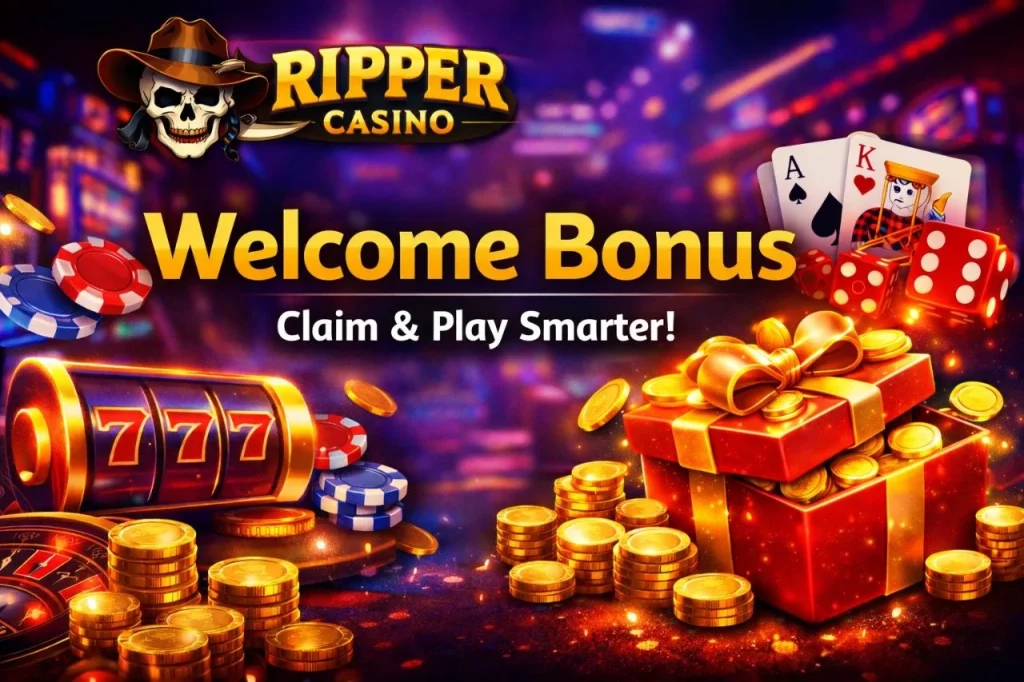 Ripper Casino Welcome Bonus banner with gift box, coins, slot machine, and glowing casino elements in a vibrant rectangular design